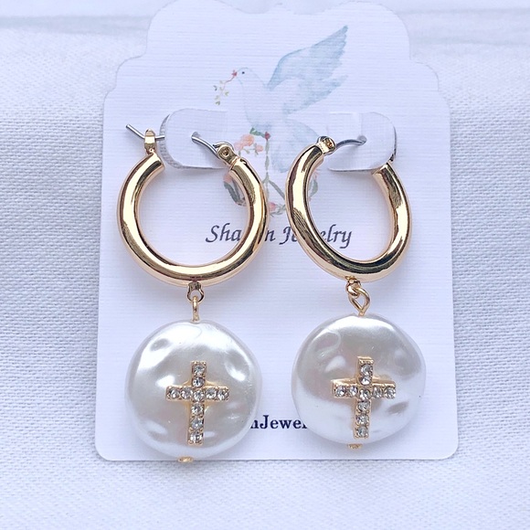COPY - CZ Cross Freshwater Coin Pearl Gold Hoop Earrings, NEW! Ships in gift box - Picture 6 of 8